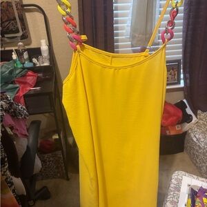 SHEIN Yellow Midi Dress with Pink Accent Chain Straps